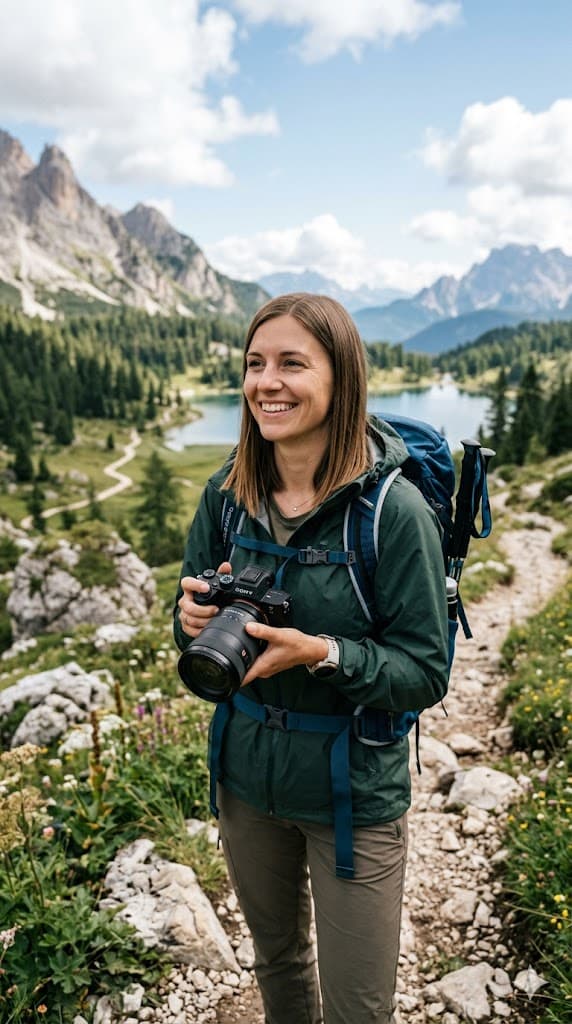 Wanderin mit Rucksack und geliehener Kamera vor Bergsee.