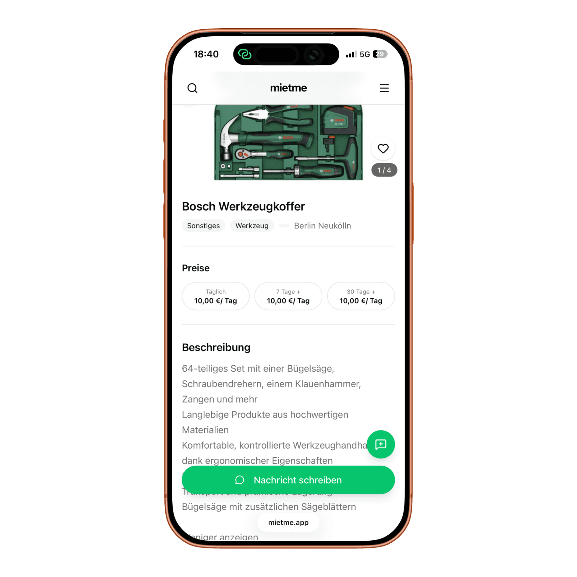 mietme App auf dem Smartphone: Inserat für einen Bosch Werkzeugkoffer in Berlin mit Preis, Kaution und Beschreibung.